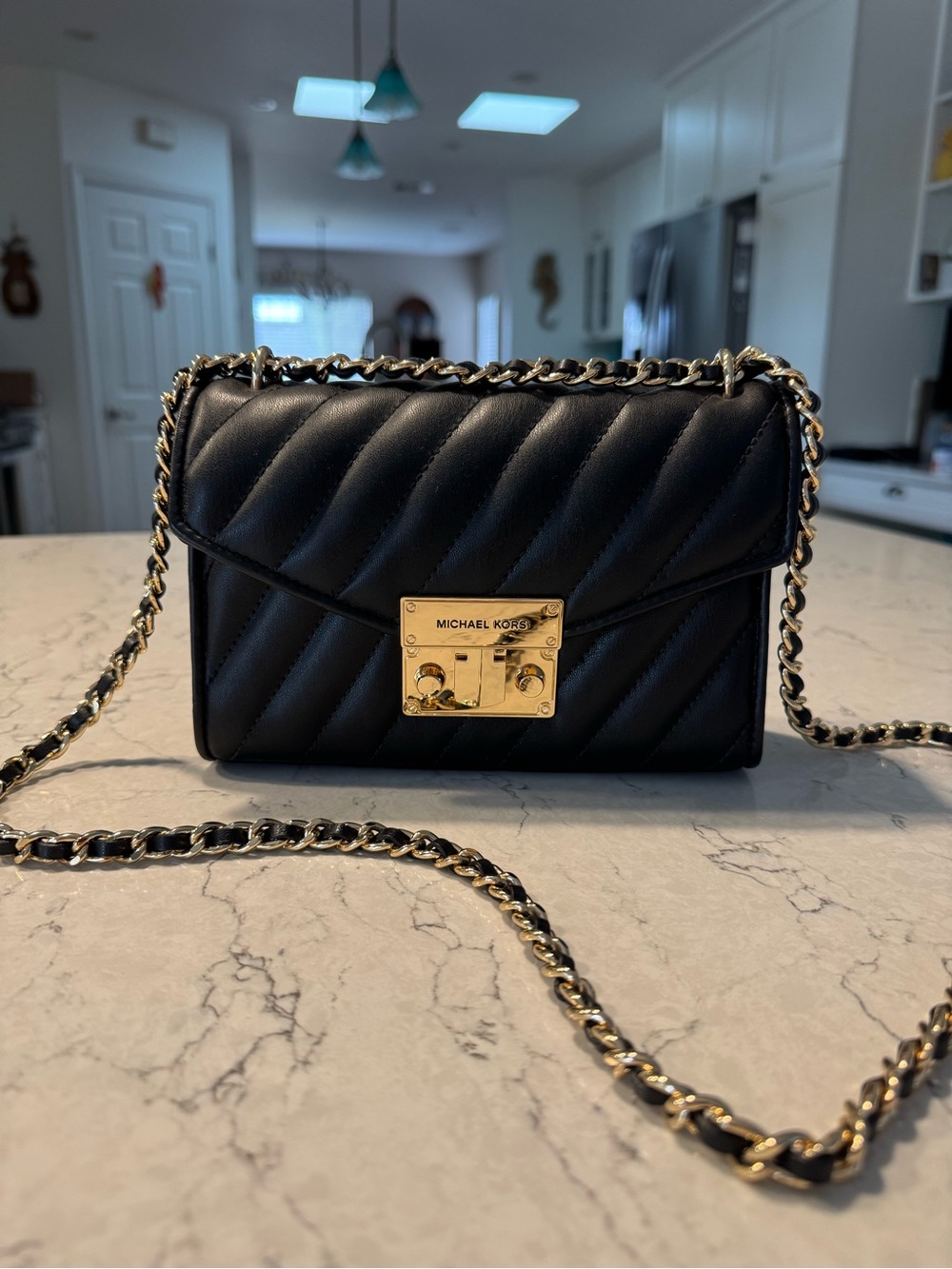 Michael Kors Black Quilted Leather Crossbody with Gold Hardware